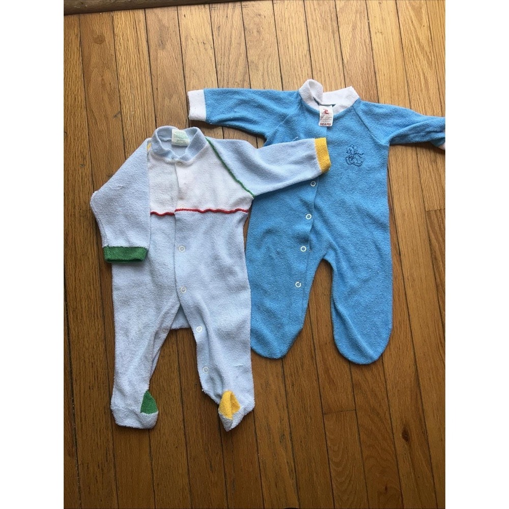 Vintage 80s Sears Infant Footie Pjs Newborn Lot Of 2 Blue Jumpers 12lbs